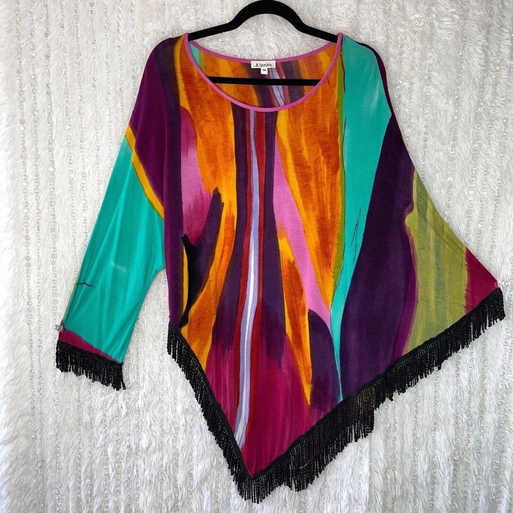Paris Hues One Sleeve Poncho Blouse MEDIUM Pink Geometric Long Sleeve Fringe Top